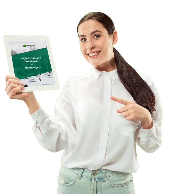 lady in white shirt holding digital employee handbook