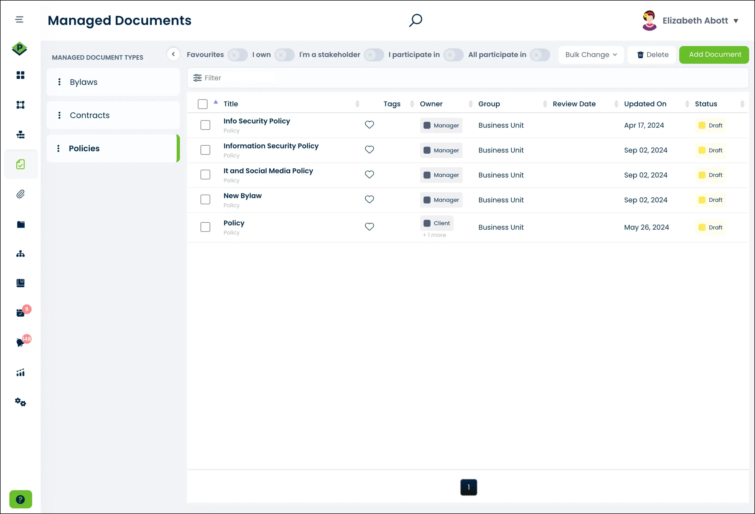 Managed Documents dashboard showing a list of policies with titles owners groups review dates and draft status