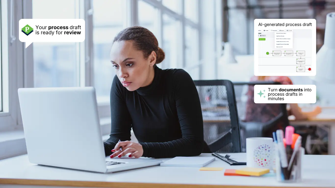A woman focuses on her laptop in a bright office while on-screen overlays display an AI-generated workflow, a system alert confirming the process draft is ready for review, and a message highlighting that documents can be turned into process drafts within minutes.
