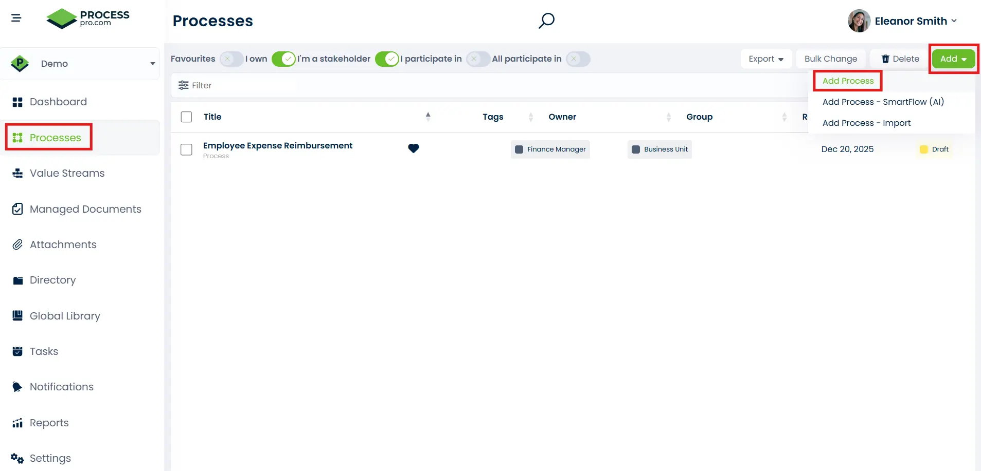 ProcessPro dashboard showing the Processes list, with the Processes menu selected and the Add button highlighted to create a new process.