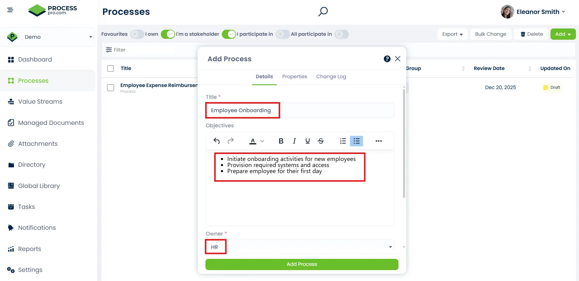 Add Process window in ProcessPro showing the process title “Employee Onboarding,” defined objectives, and HR selected as the process owner.