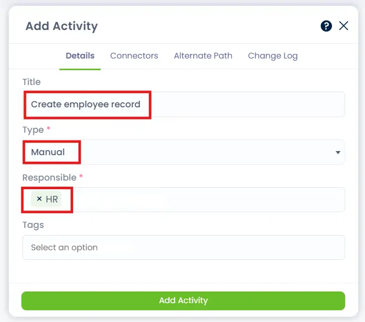 Add Activity window in ProcessPro showing a manual activity titled “Create employee record” with HR assigned as the responsible role.