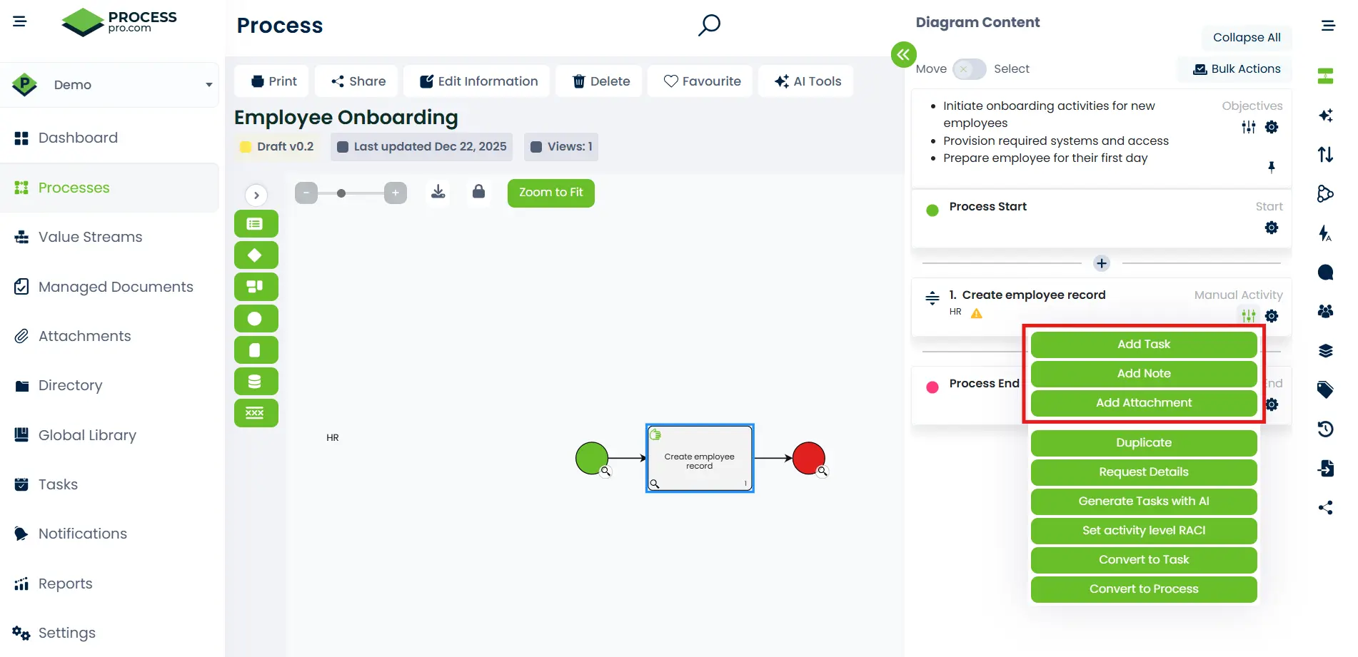 ProcessPro process editor showing an activity selected in the process map, with options to add a task, note, or attachment from the activity menu.