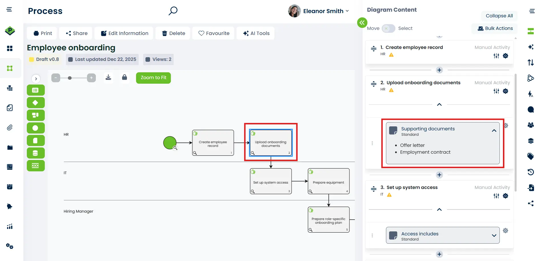 ProcessPro process editor showing an onboarding activity with supporting documents attached, including an offer letter and employment contract.