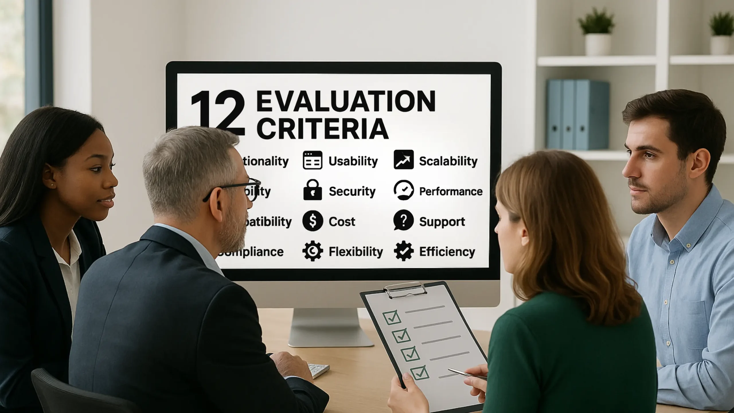Professional compliance team analyzing 12 criteria on a large screen and digital checklist to assess the best process management tools on a tablet-optimized layout.